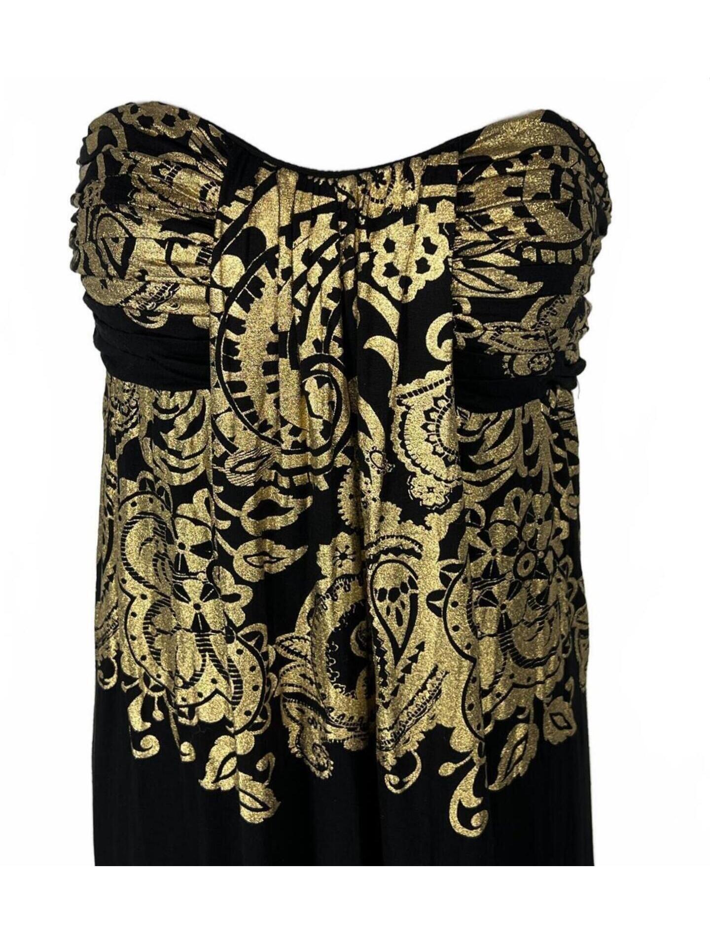 Rubber Ducky | Gold Foil Paisley Strapless Maxi Dress | 70s Glam Resort Size Med